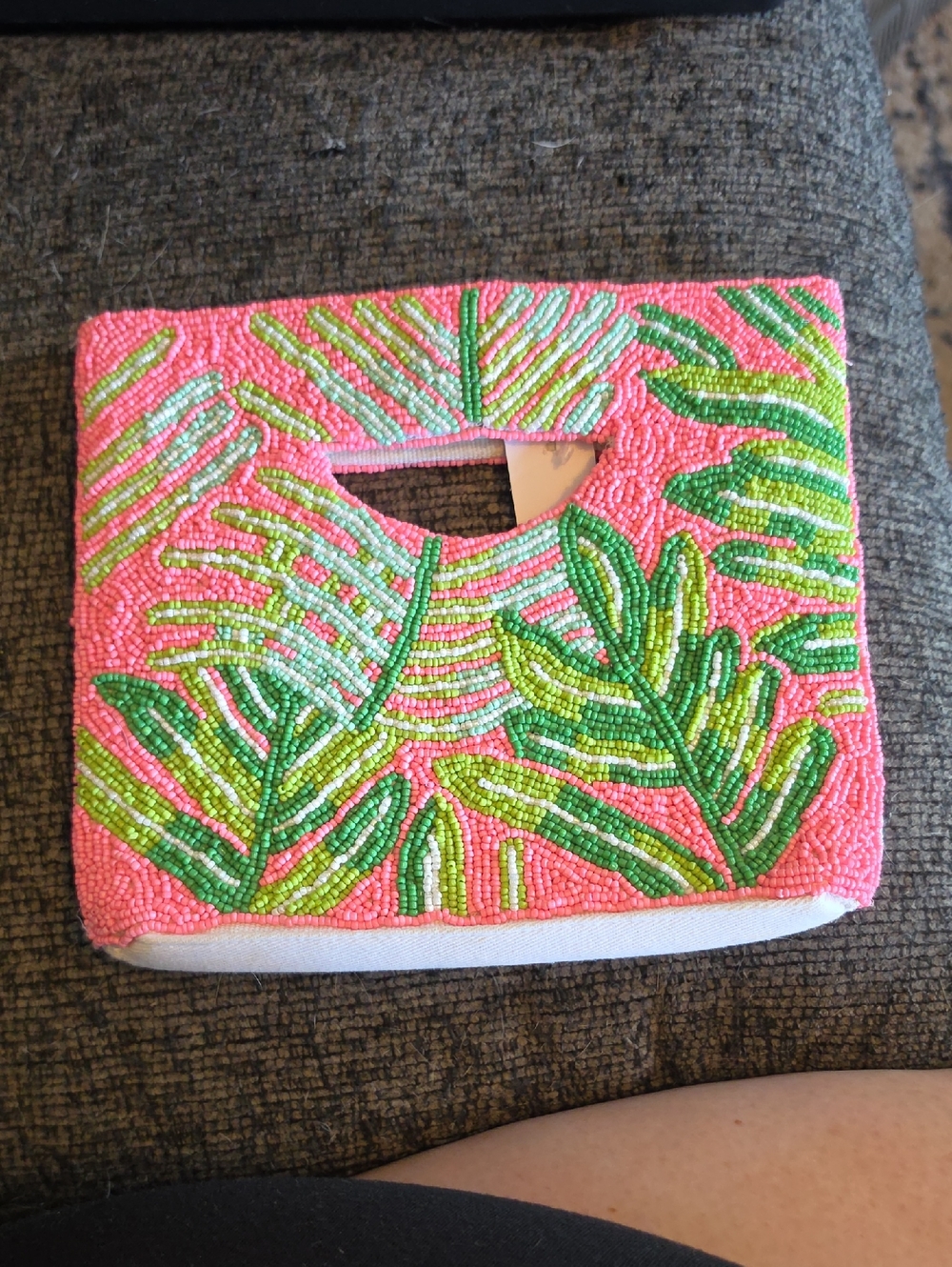 Beaded Tropical Leaf Clutch in Pink and Green